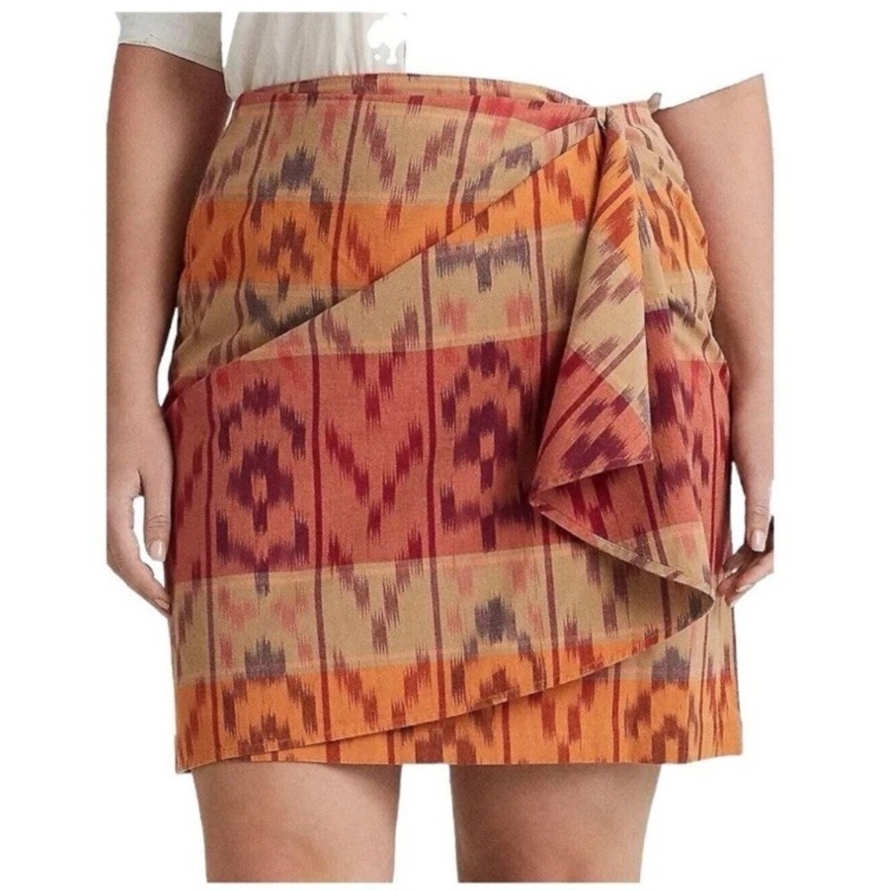 LAUREN RALPH LAUREN Geo-Motif Cotton-Linen Wrap Ruffle Mini Skirt Women's 16